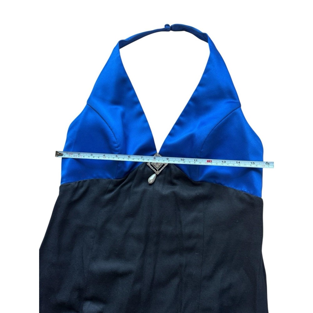 Halter Maxi Dress Blue Black Beaded Pearl Accent Formal Vintage Prom Y2K 32" wst - Picture 7 of 10